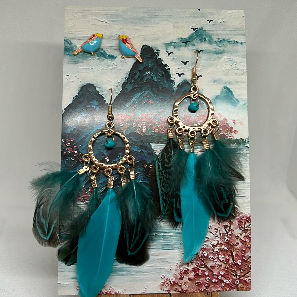 Southwest Boho Turquoise Set Of 2 Earrings Gold Feathers Enamel
